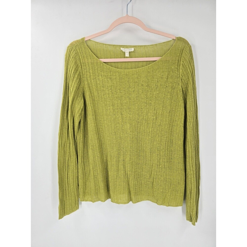 Eileen Fisher Sweater 100 Organic Linen Cotton Knit Long Sleeve Top Green Medium